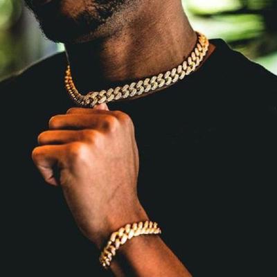 China FASHIONABLE 13-20MM width Men's High Quality 18K Gold Plated Hip Hop Miami Zircon Rhinestone Bracelet Cuban Chain Sparkle Necklace for sale