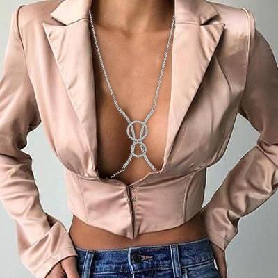 China 2022 New Products Fashion Luxury Curved Shining Chain Body Chain Sexy Crystal Nightclub Party Round Rhinestone Chest Support for sale