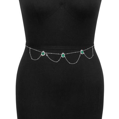 China FASHIONABLE Fashion Spice Girl Tassel 18K Gold U-shaped Plated Pearl Metal Crystal Body Chain Sexy Water Drop Emerald Temperament Waist Chain for sale