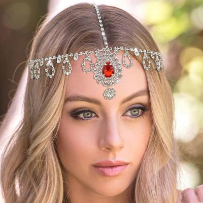 China European and American luxury ladies fashion faux stone chain drop forehead red water fashion hair accessories pendant headdress for sale