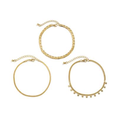 China Vintage Fashion TRENDY Style 3 Layer Alloy 18K Gold Plated Star Anklet Pendant Chain Three Piece Set Summer Beach Foot Accessories for sale