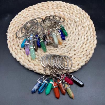 China Wholesale Small Size 32mm Hexagonal Natural Stone Crystal Keychains Europe Crystal Bullet Point Keychains for sale