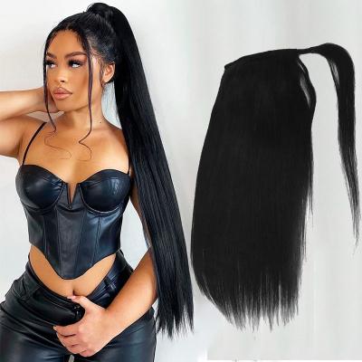 China Ring Hair-x 24 Inch Long Ponytail Human Hair Extension Heat Resistant Wrap Around Silk Straight Drawstring Ponytail Wigs For Women for sale