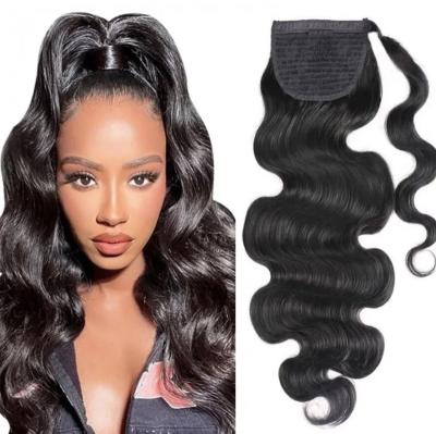 China Raw Human Hair X-Ring Ponytail Hair Extension Real Clip In Body Wave Wavy Curly Wrap Around Pony Tail Heat Hairpiece For Women for sale