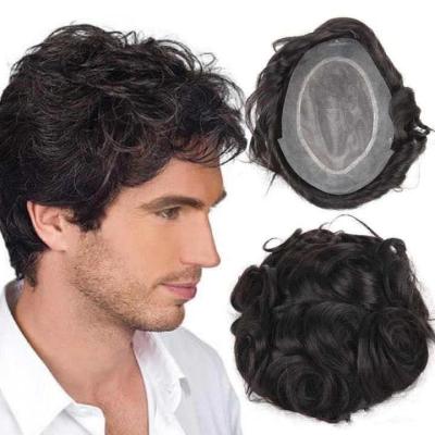 China Real Wave Hair 100% Lace With Australian Low Wave Mens Hair Replacement System Natural Black Color Wave Hairpiece For Men for sale