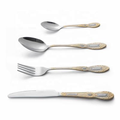 China Restaurant Spoon And Fork Knife Flatware Eco Stainless Steel Sustainable Gold Cutlery Set 18/0 With Case for sale