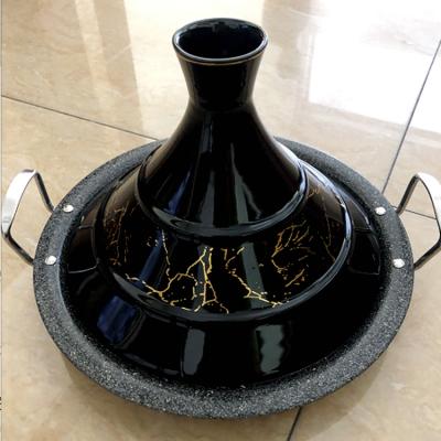 China Taji Sustainable Induction Seafood Inox Tajin Morocco Black Non-Stick Marble Coating Metal Tajine With Porcelain Lid Gold Pattern for sale