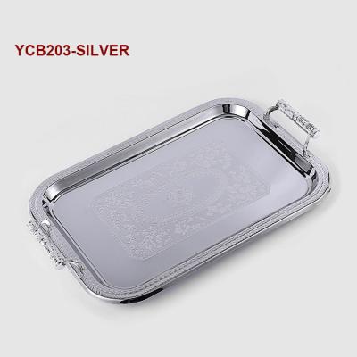 China Hotel Home Restaurant Fashion Stylish Metal Serving Tray Single Layer Snack Dessert Fruit Basket with Handle for sale