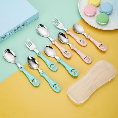 China Stainless Steel Toddler Baby Self Sustainable Plastic Training Plastic Cutlery Set Customized Cartoon Fork And Spoon Handle for sale