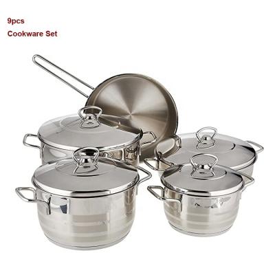 China Viable Hot Selling Sets 9pcs Matte Polish Frypan Metal Lid 304 Spot Welding Stainless Steel Induction Cookware Set for sale