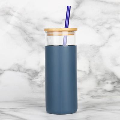 China 500ml Eco-Friendly Sustainable Logo Custom Glass Bamboo Water Bottle Drinking With Silicone Sleeve / Straw for sale