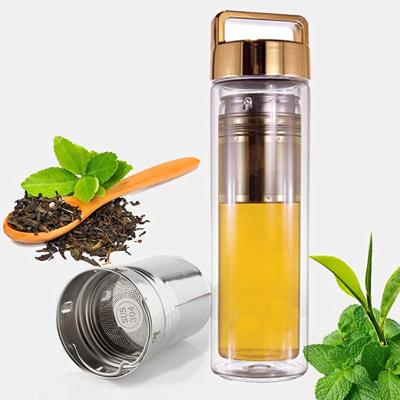 China 400ml Sustainable Hot Cold Tea Detox Insulated Glass Water Bottle With Lid And Handle Strainer For Loose Leaf Tea And Fruit Water for sale