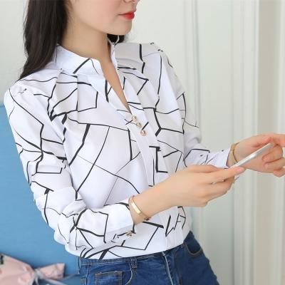 China Breathable Spring Autumn Elegant Printed Office Ladies Work Top Women Striped Loose White Stand Collar Blouse Long Sleeve Shirt Tops for sale