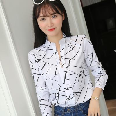 China Autumn Versatile Plus Size Stripe Stand Collar Blouse Long Sleeve Breathable Female White Korean Loose Summer Casual Shirt for sale