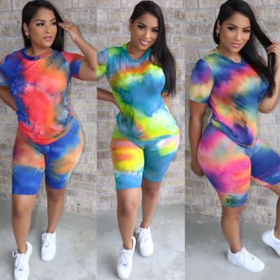 China hot new Anti-wrinkle casual women fashion tie dye rainbow 2 piece biker shorts two piece pants sets for summer 2021 for sale