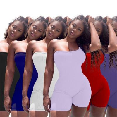 China 2021 Custom Logo Women One Shoulder Sleeveless Bodycon Solid Anti-Wrinkle Knit Rib One Piece Shorts Jumpsuits And Rompers for sale