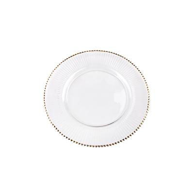 China New Customized Viable Tableware Wholesale Dinnerware Glass Dinner Plates Cheap Decorative Charger Dishes With Gold Beads for sale