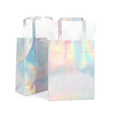 China Rainbow Laser Recyclable Colorful Jewelery Hard Cover Holographic Cosmetic Paper Bag for sale