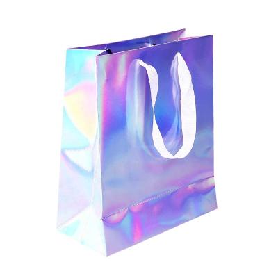 China Recyclable custom shiny eye-catching holographic laser film laminated special iridescent paper bag with your own logo for sale