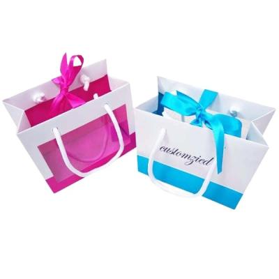 China Recyclable Custom Logo Wedding Out Door Bridesmaids Gift Bag Flower Clear Window Pockets Paper Bags With Ribbon Bowknot for sale