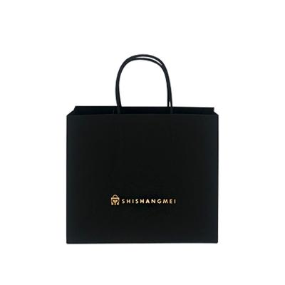 China Recyclable Custom Gift Bag Jewelry Retail Black Gold Foil Logo Clothing Kraft Paper Shopping Bag With Logo for sale