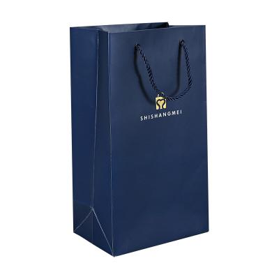 China Wholesale Custom Recyclable Blue Wine Paper Bag 2 Bottle Rope Handle Art Paper Shopping Bag With Logo for sale