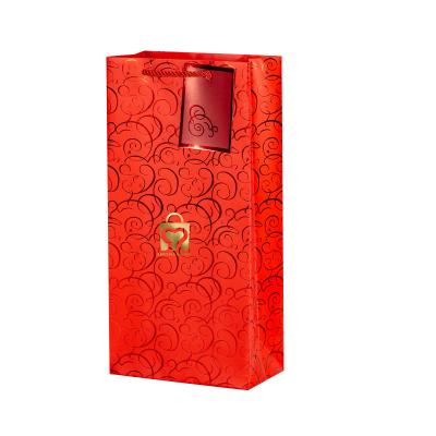 China Recyclable Custom Boutique Foil Printed Logo Red Wine Packaging Paper Bag For Two Bottles for sale