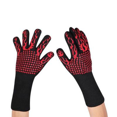 China Double Knitting + Silicone Printing BBQ Gloves, 1472F Oven Mitts Heat Resistant Grill Cooking Gloves and Apron Sets, Non-Slip Kitchen Silicone Grilling Gloves for sale