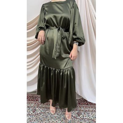 China Muslim Women's Long Sleeve Dress Solid Color Muslim Party Evening Ruffles Robe Abaya Puff Sleeve Satin Slim Dress for sale