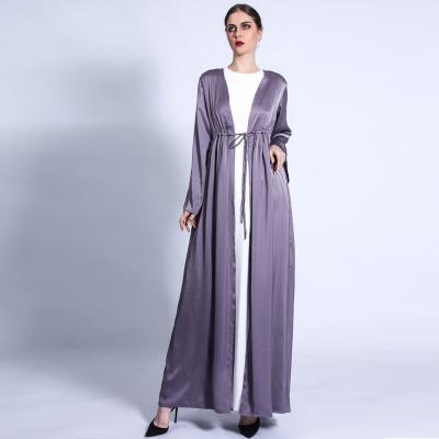 China Women's Robe 2021 Long Sleeve Abayas Satin Abaya Muslim Open Silk Kimono Robe Latest Islamic Muslim Clothing Muslim Dress With Belt for sale