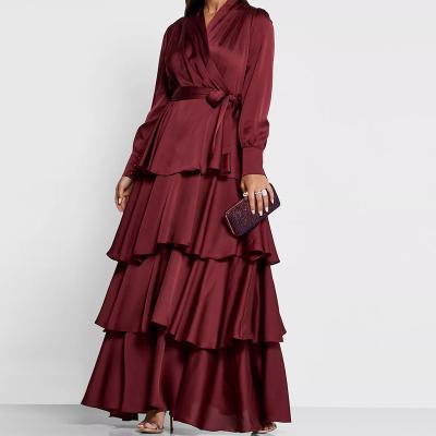 China High Quality Muslim Satin Muslim Long Sleeve Maxi Long Dress Women Satin Ruffle Dress Islamic Ruffle Dress for sale