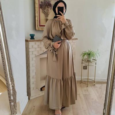 China Long Sleeve Khaki Muslim Dress Soft Fabric Lace Up Dubai Abaya Muslim Dress Hot Sale New Sleeve Design for sale