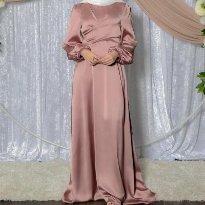 China Solid Color Long Sleeve Muslim Muslim Dress Women Sheath Long Maxi Dress Spring Dubai Modest Wear Eid Satin Wrap Front Dress for sale