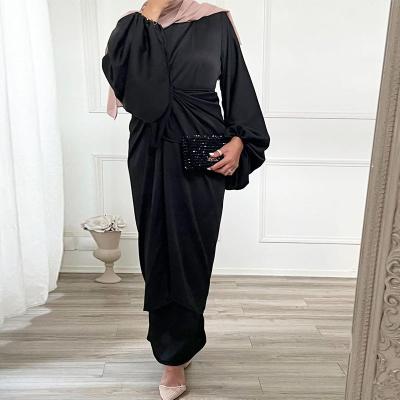 China Muslim Long Sleeve Lantern Sleeve Dresses For Women Dubai Wrap To Dress Black Satin Maxi Long Dress Muslim Women for sale