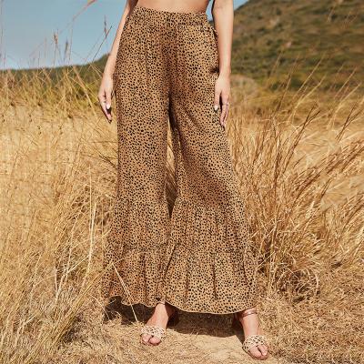 China Brown Cotton Fabric Cotton Clothing Women Clothing Breathable Elastic Waist Trousers Leopard Print Ruffle Wide Leg Long Pants for sale