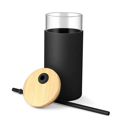 China Viable Heat Resistant Glass Water Bottle Straw Silicone Protective Sleeve Cute Tumbler Glass Water Bottle With Bamboo Lid for sale