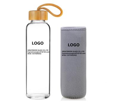 China Customized High Quality Reusable Sports Viable Logo Glass Bottle Water Bottle With Bamboo Lid for sale