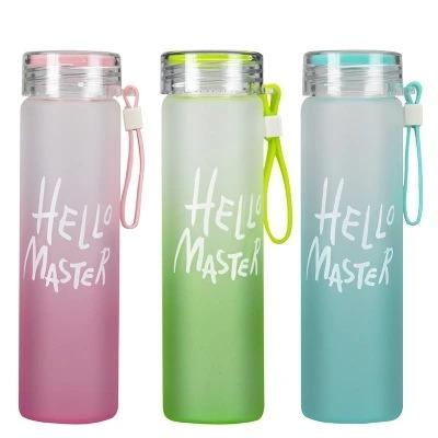 China 2020 High Quality Wide Mouth Colored Frosted Glass Water Bottle Viable For Outdoor Travel Creativity for sale