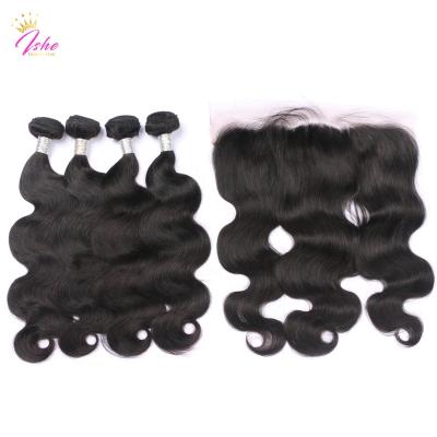 China Wholesale Cheap Price 100% ISHE Body Wave Unprocessed Malaysian Body Wave Hair Bundles With Frontal Closures for sale