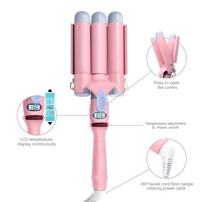 China Wave Hair Curling 25mm and 32mm Professional 3 Barrel Ceramic Hair Curling Iron, High Quality Wave Wand Pink Hair Curling Iron for sale