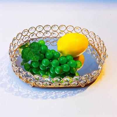 China Home Hotel Cafes Desk Mirror Tray Handmade Crystal Bead Gold Metal Plated Round Mirror Serving Tray For Wedding Party for sale