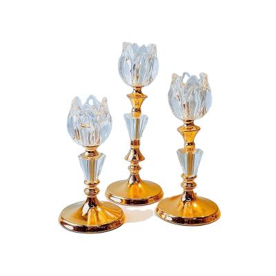 China 2021Factory Hot Selling Luxurious Home Office Hotel Cafes Three Metal Crystal Glass CandleHolder Set for sale