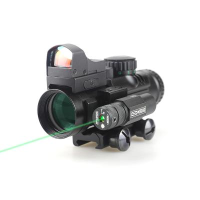 China Latest aluminum prismatic 4x32 Red/Green/Blue illumination integrated with tri-Picatinny rail set on mini red dot sight&Green laser sight for sale