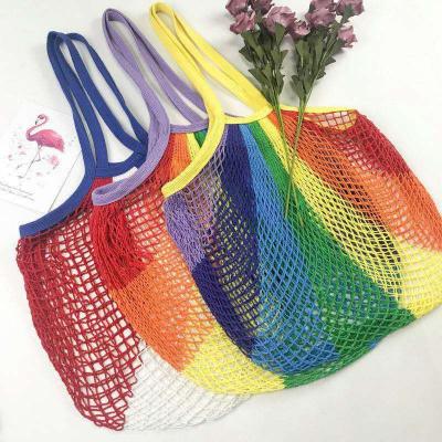 China Reusable Supermarket Folding Mesh Net Vegetable Shopping Bag Eco-Friendly Portable Foldable Multicolor Rainbow Cotton for sale