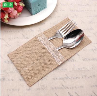 China Viable Jute Burlap Lace Cutlery Bags Holder Pouch Bag for Party Knife Fork Spoon Package Holder Pouch for sale