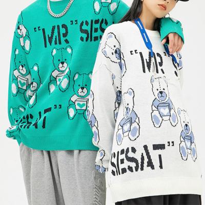 China Anti-wrinkle Harajuku Statistical Institute of Statistics trend sweater autumn 2021 casual bear printing couples jacket Korean style branded knit jacquard sweater men for sale