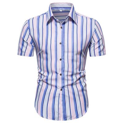 China TS71 2021 Summer Vertical Stripe Hawaii Beach Short Shirt Men's Custom Anti-pilling Sleeve Shirts With Logo for sale