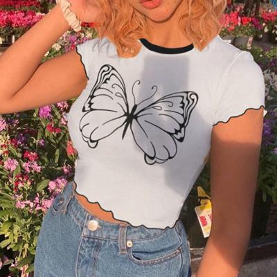 China Wholesale High Quality Anti-wrinkle Ruffle Sleeve Top Women Butterfly Print Bodycon Shorts T-shirt Designers Blouses Ladies Tops for sale