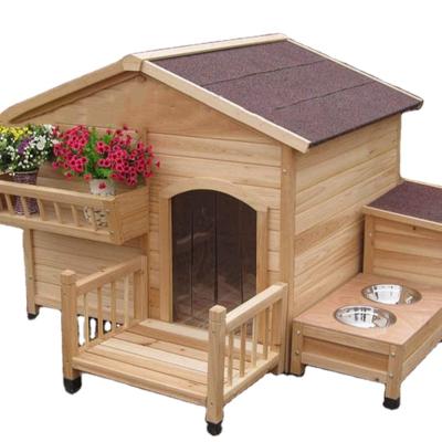 China Windproof Kennel Wood Exterior With Porch Food Bowl Log Cabin Style Kennel Weather Resistant Weather Resistant Home for sale