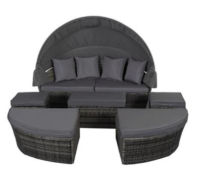 China Modern outdoor furniture round daybed rattan folding bed outdoor sofa set 7 seater with awning garden sofa set for sale